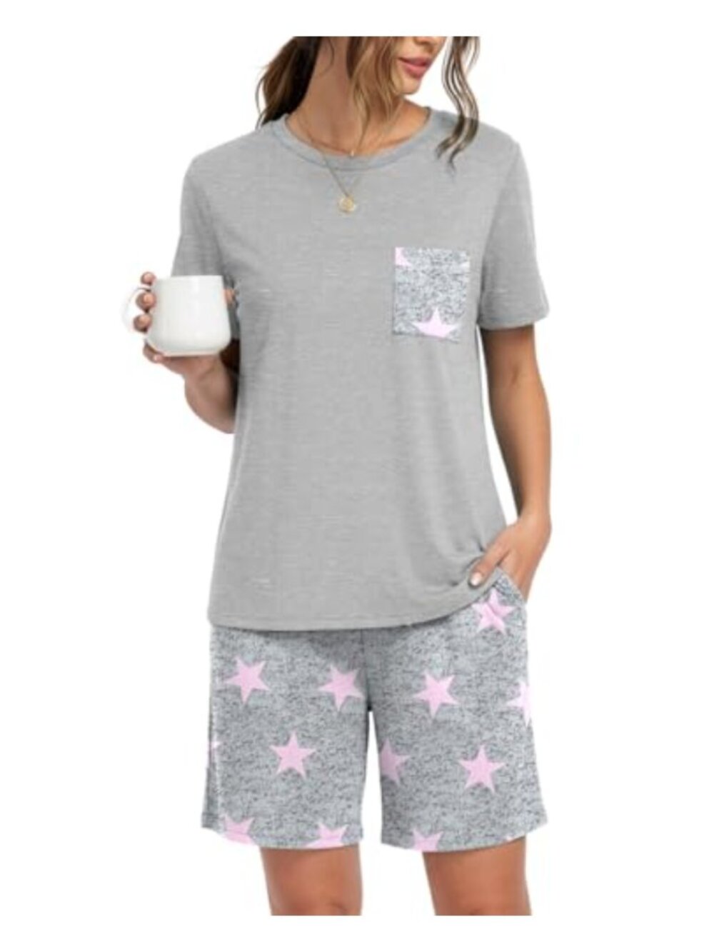 PrinStory 2 Piece Pajama Set Women Polyester Spandex Lounge Pjs with Pockets